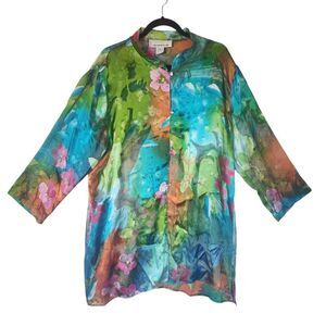 Caroline Rose Top Jacket Women Sz 1X Multicolor Silk Blend Floral Velvet Burnout